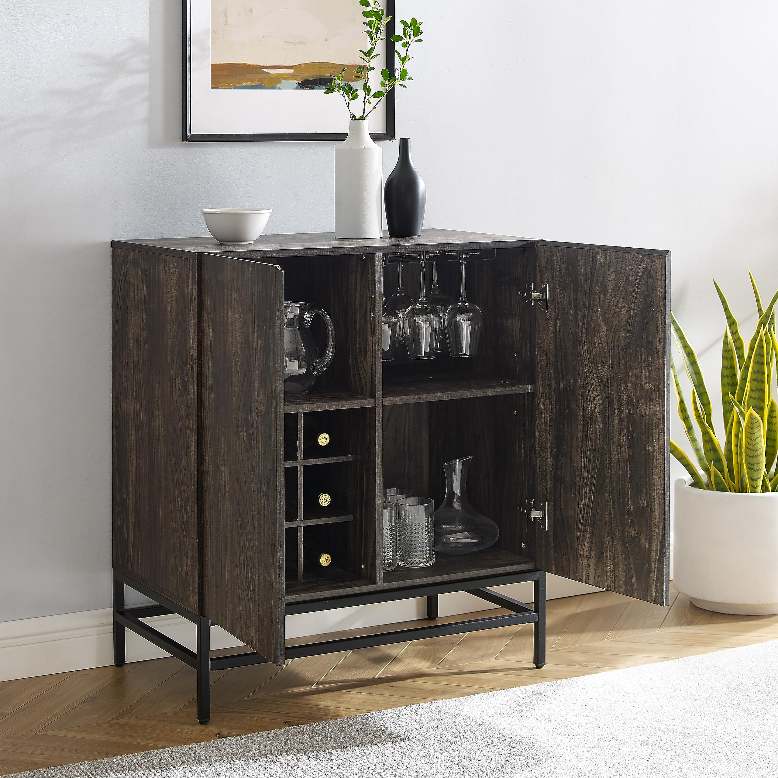 Crosley Furniture Jacobsen Bar Cabinet with Storage Shelves and Wine Rack, Brown Ash/Matte Black - Image 7