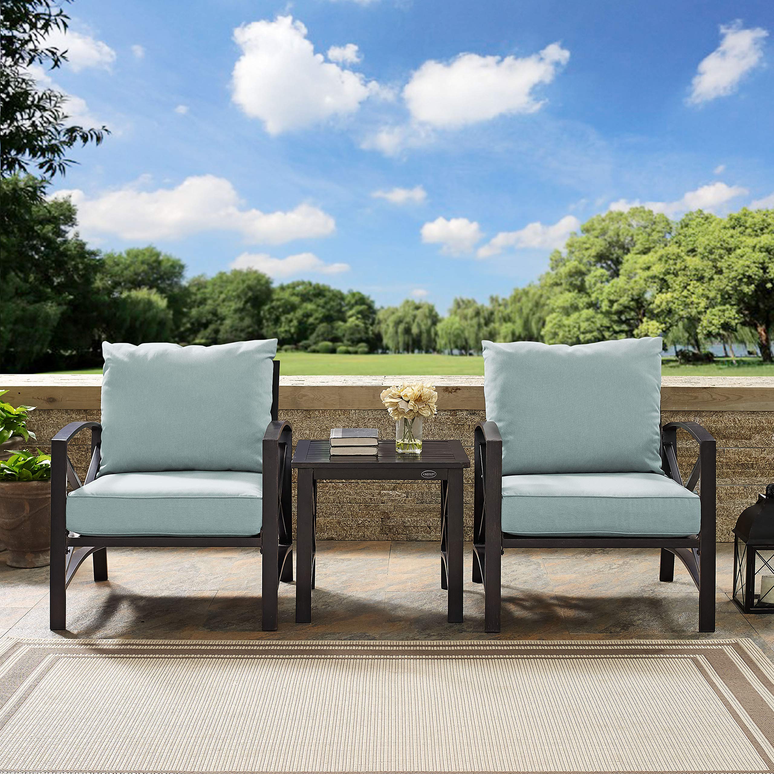 Crosley Furniture Kaplan 3-Piece Outdoor Chair and Side Table Set, Patio Conversation Sets for Porch, Deck, Oiled Bronze with Mist Cushions - Image 5