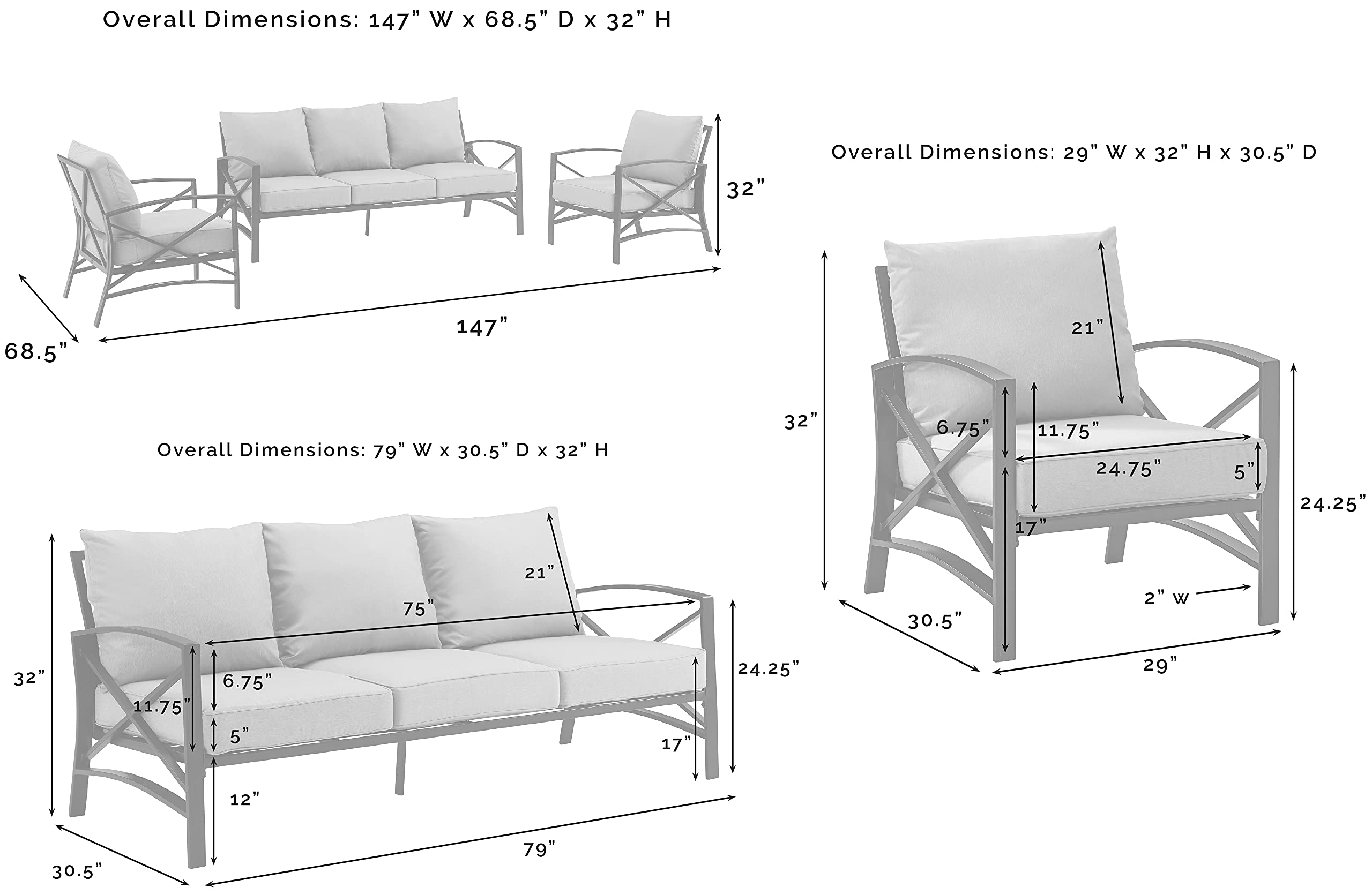 Crosley Furniture Kaplan 3-Piece Outdoor Sofa Patio Furniture Set, Conversation Sets for Porch, Deck, Oiled Bronze with Oatmeal Cushions - Image 4