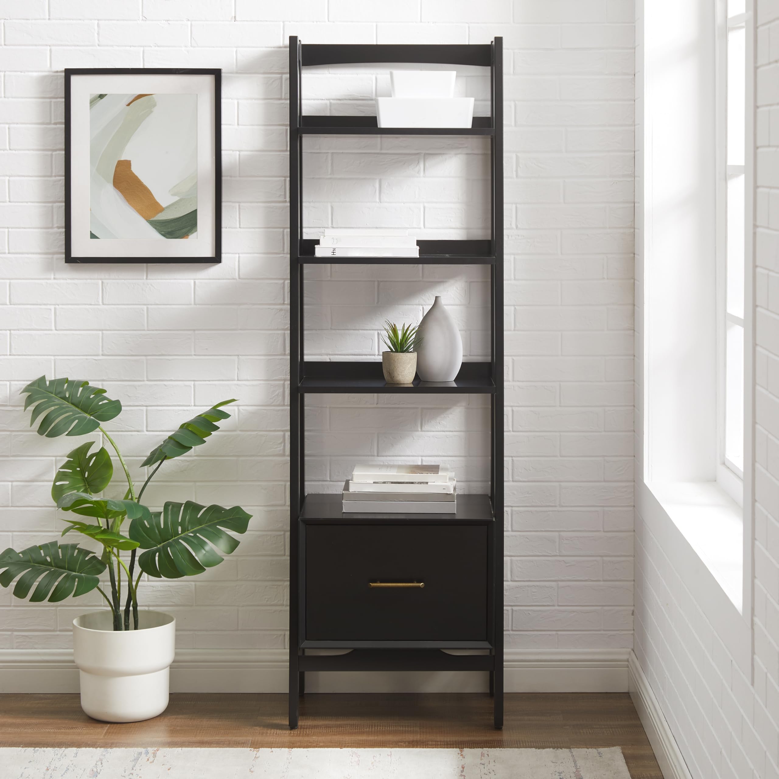 Crosley Furniture Landon Small Bookshelf Etagere, Bookcase Storage with Shelves and File Drawer, Matte Black - Image 8