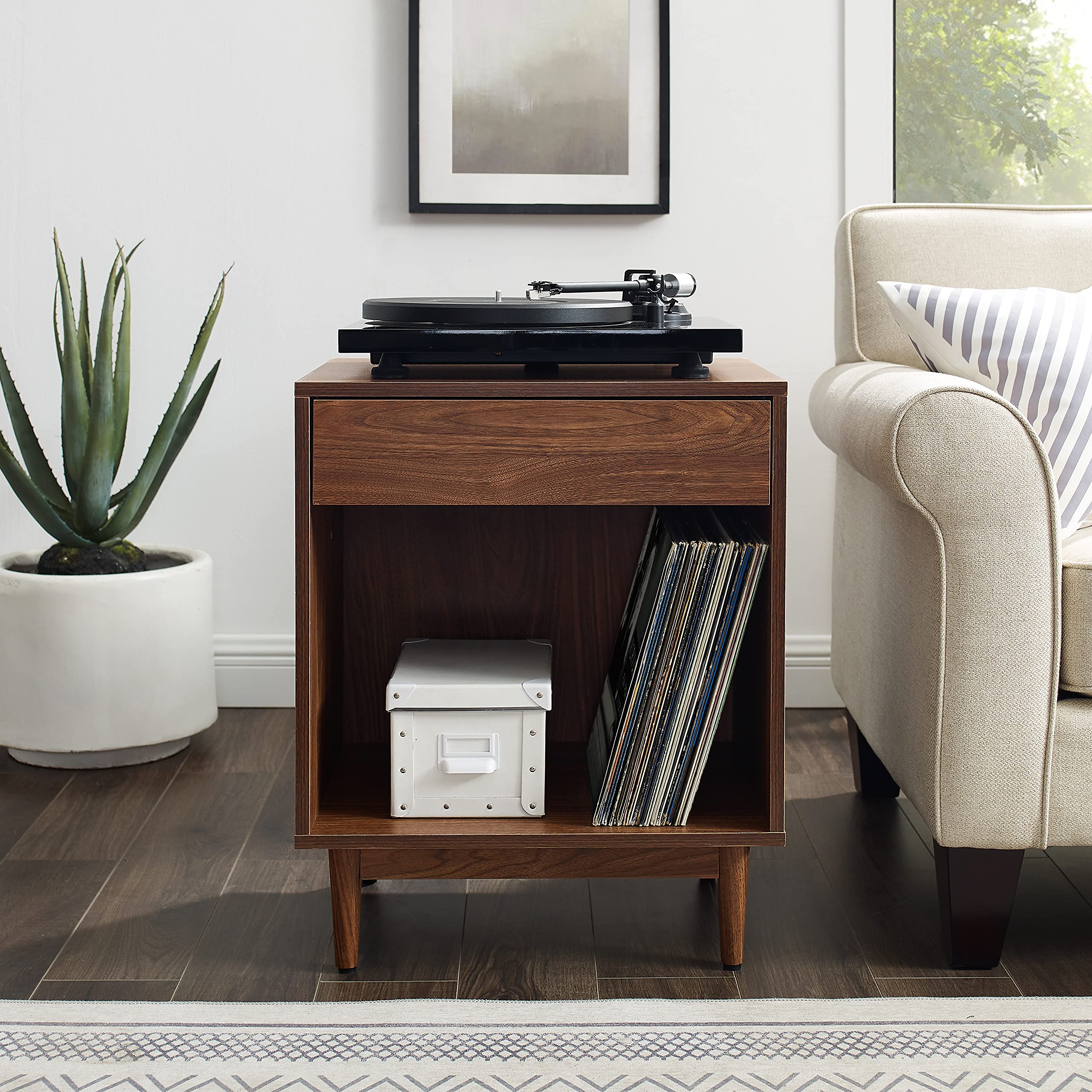 Crosley Furniture Liam End Table and Record Player Stand with Storage for Vinyl Records, Walnut - Image 8