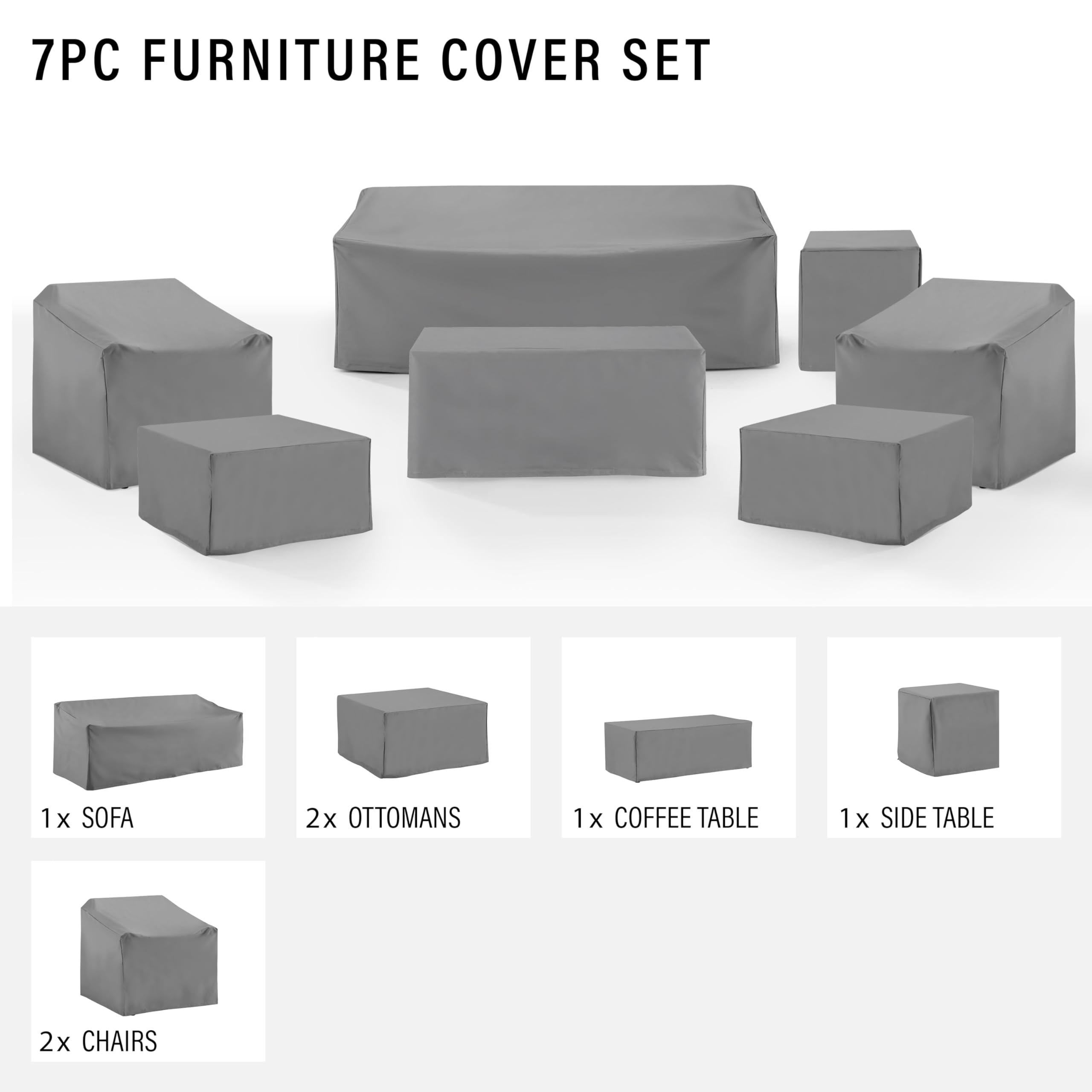 Crosley Furniture Patio Furniture Covers, Waterproof 7-Piece Cover Set for Outdoor Chairs, Sofa, Tables, Gray - Image 4
