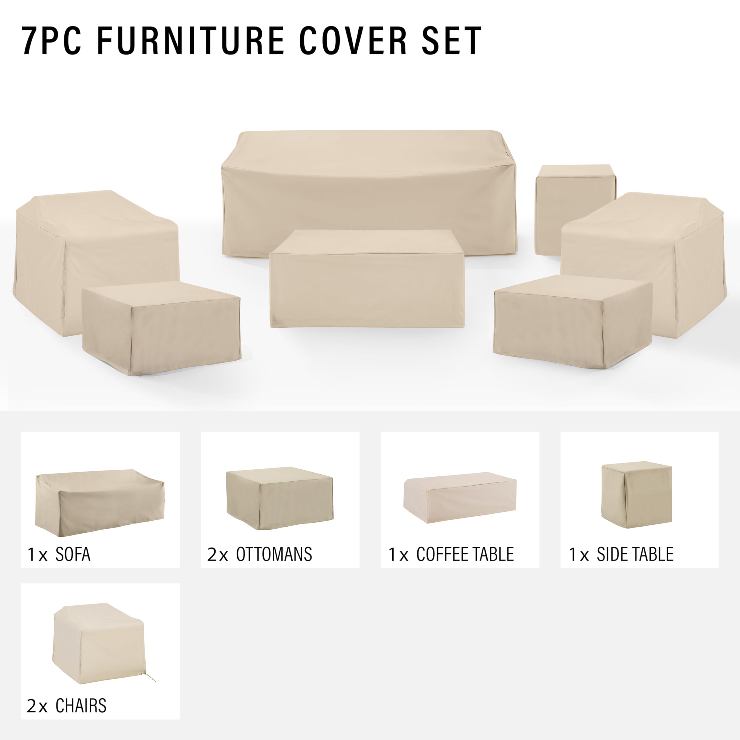 Crosley Furniture Patio Furniture Covers, Waterproof 7-Piece Cover Set for Outdoor Chairs, Sofa, Tables, Tan - Image 4