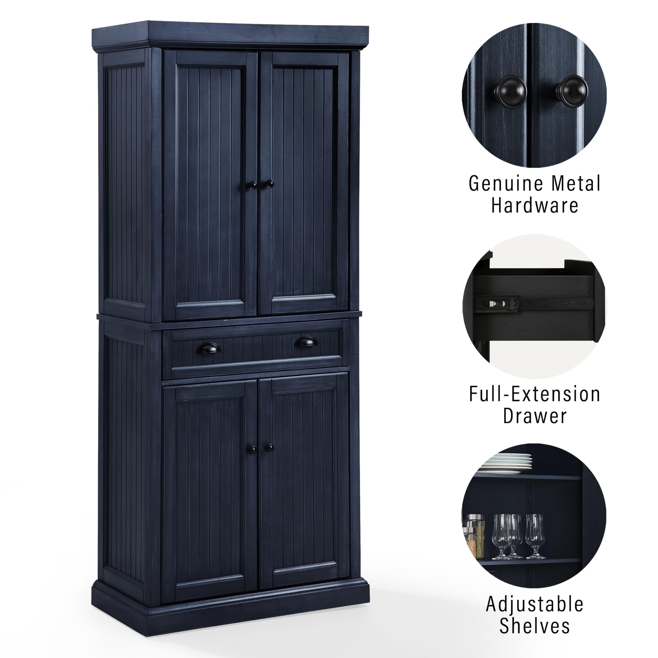 Crosley Furniture Seaside Coastal Pantry Storage Cabinet with Shelves, Kitchen, Dining, or Laundry Room, Distressed Navy - Image 6