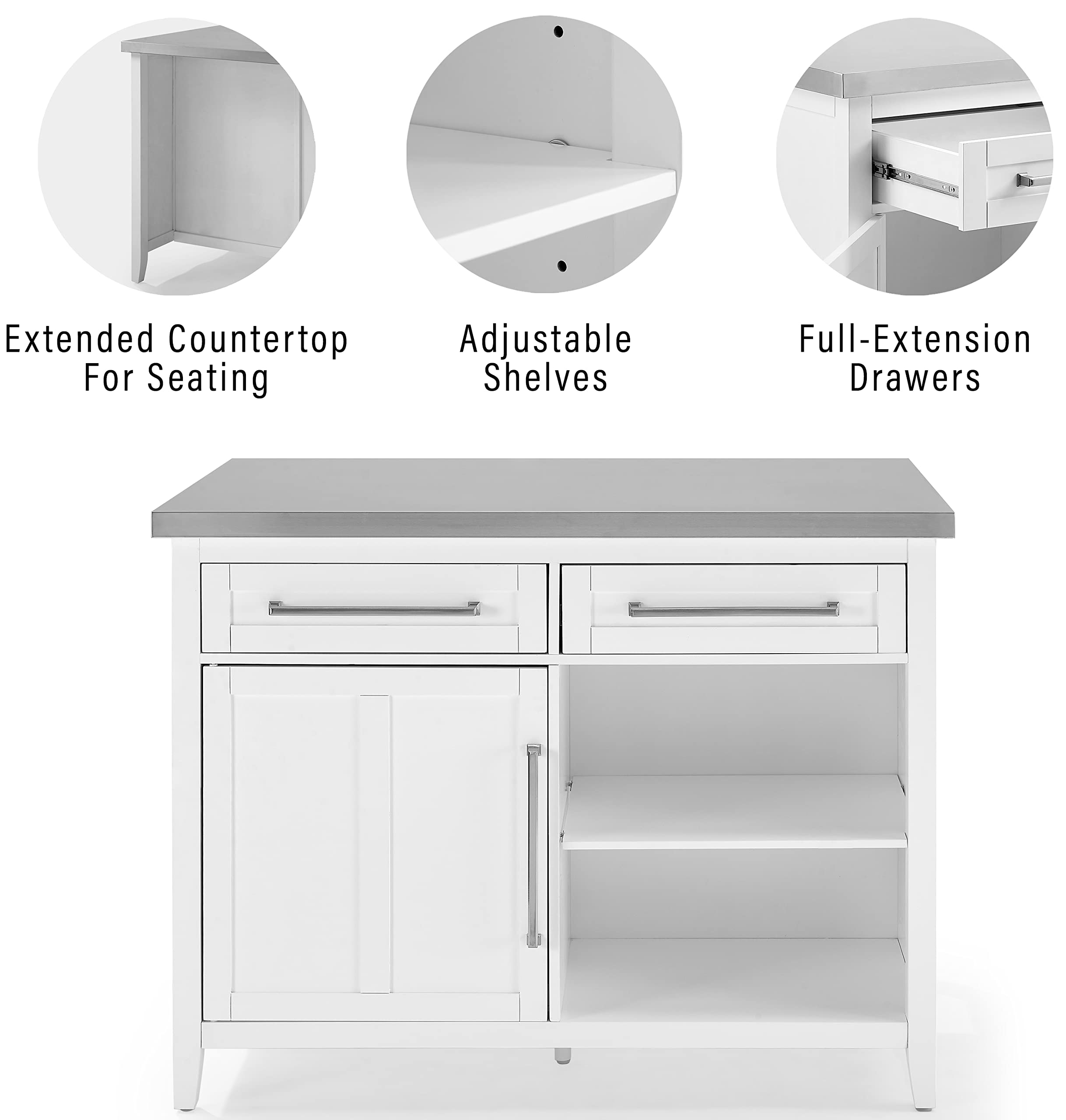 Crosley Furniture Silvia Stainless Steel Top Kitchen Island, Microwave Stand, Coffee Bar, with Shelves, White - Image 4