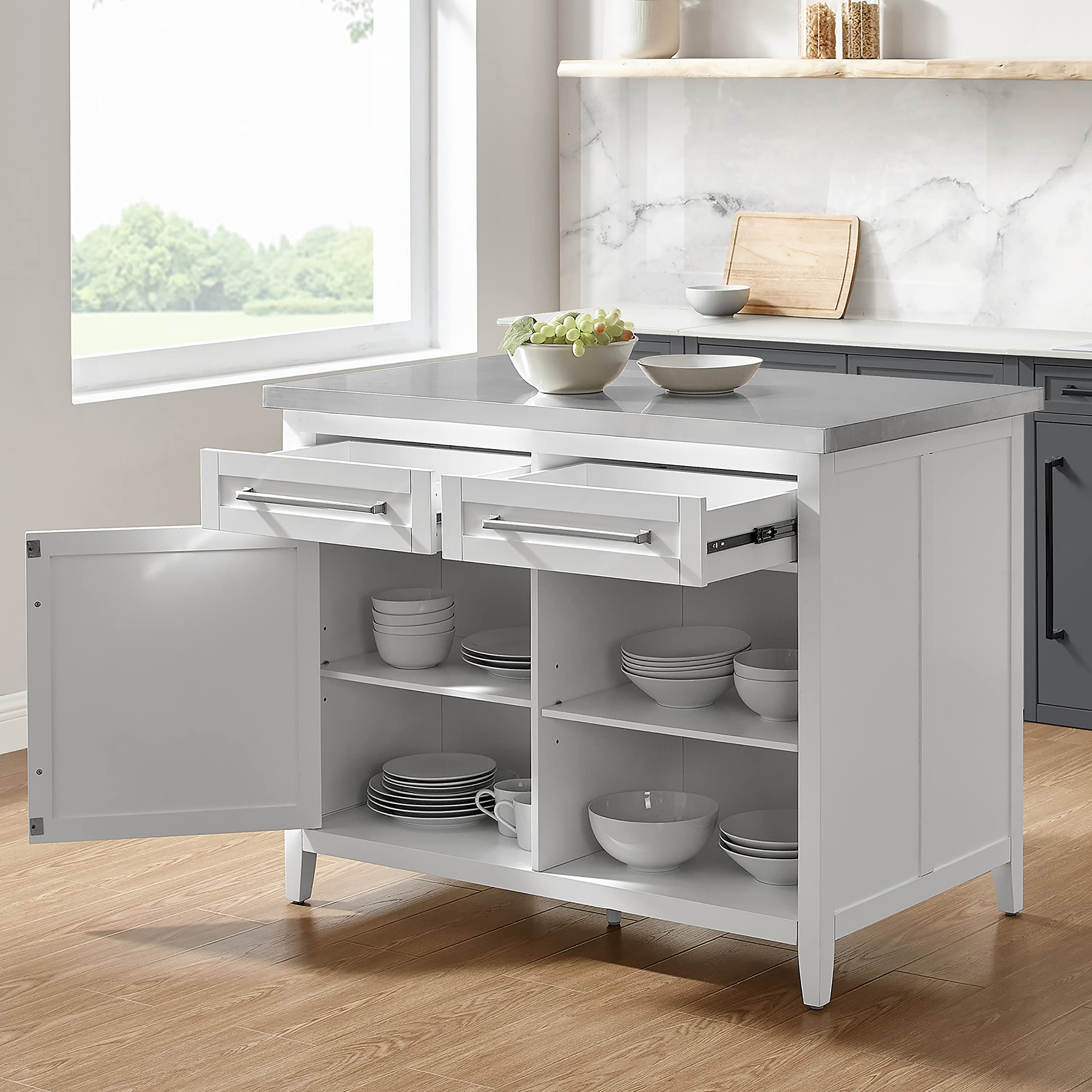 Crosley Furniture Silvia Stainless Steel Top Kitchen Island, Microwave Stand, Coffee Bar, with Shelves, White - Image 7