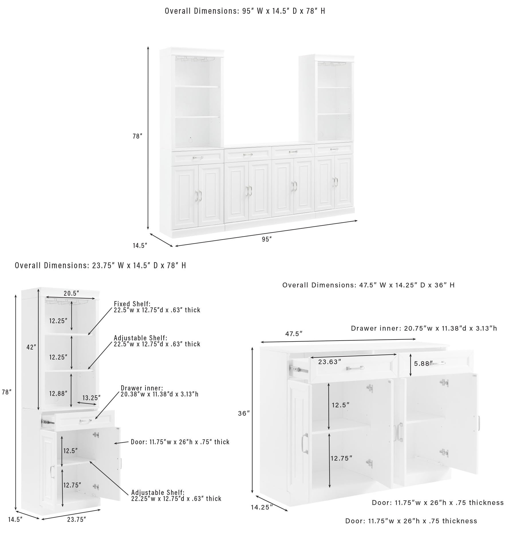 Crosley Furniture Stanton 2-Piece Wine, Liquor, Coffee Bar Cabinet Set with Sideboard and Storage Shelves, White - Image 3