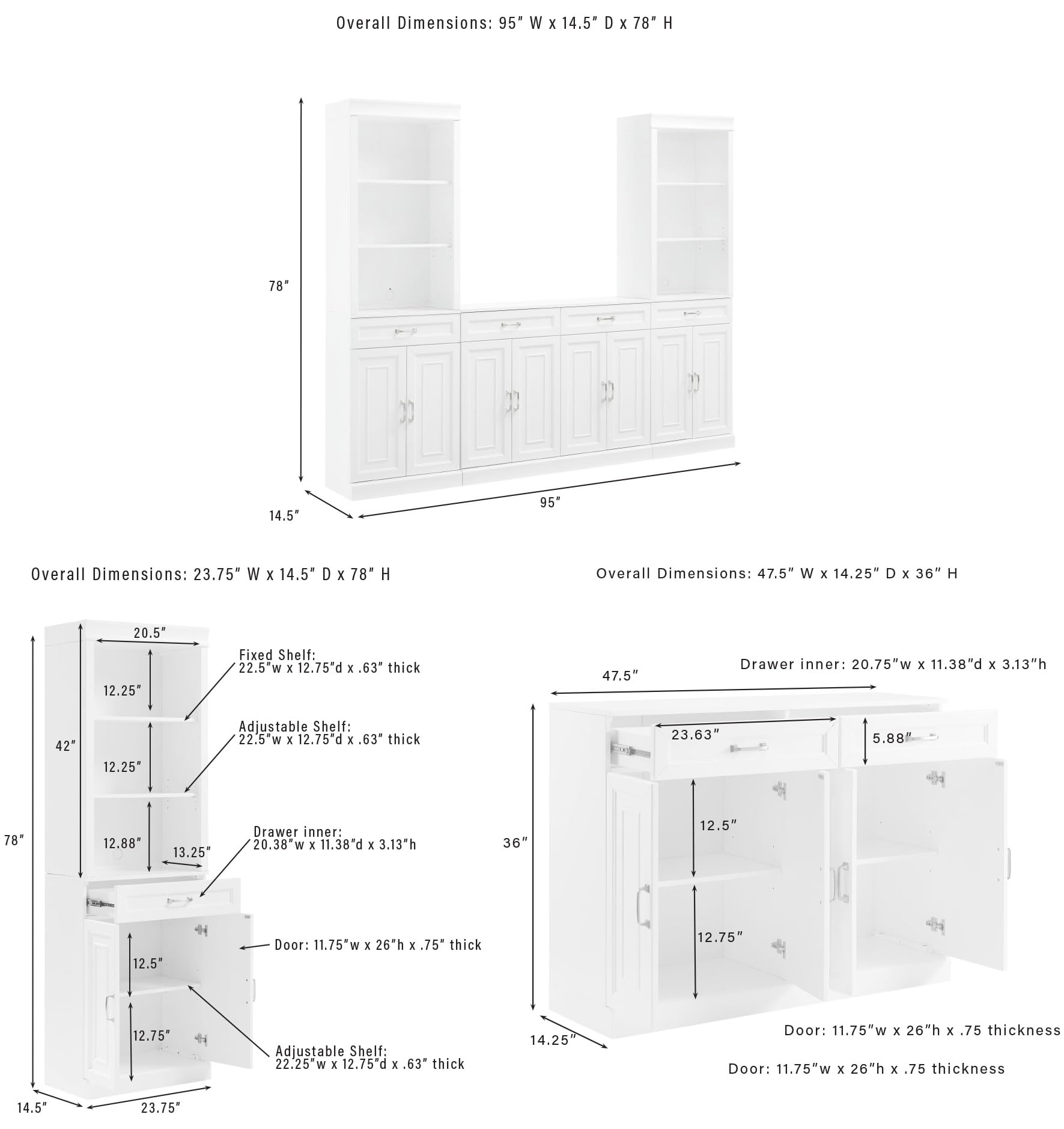 Crosley Furniture Stanton 3-Piece Sideboard and Storage Bookcase Set, Bookshelf Cabinet with Buffet, White - Image 3