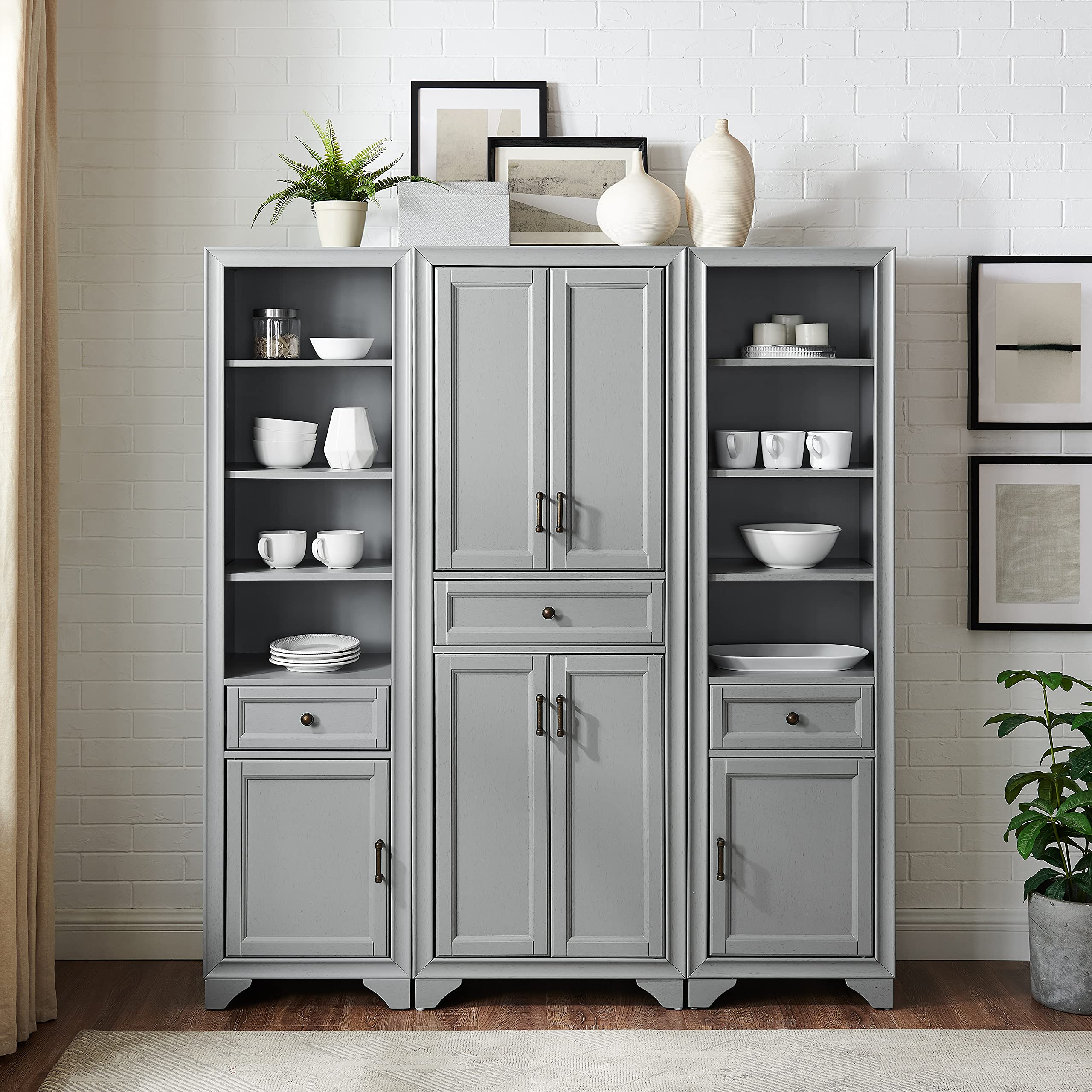 Crosley Furniture Tara 3-Piece Pantry Storage Cabinet Set with Shelves, Kitchen, Dining, or Laundry Room, Distressed Gray - Image 11