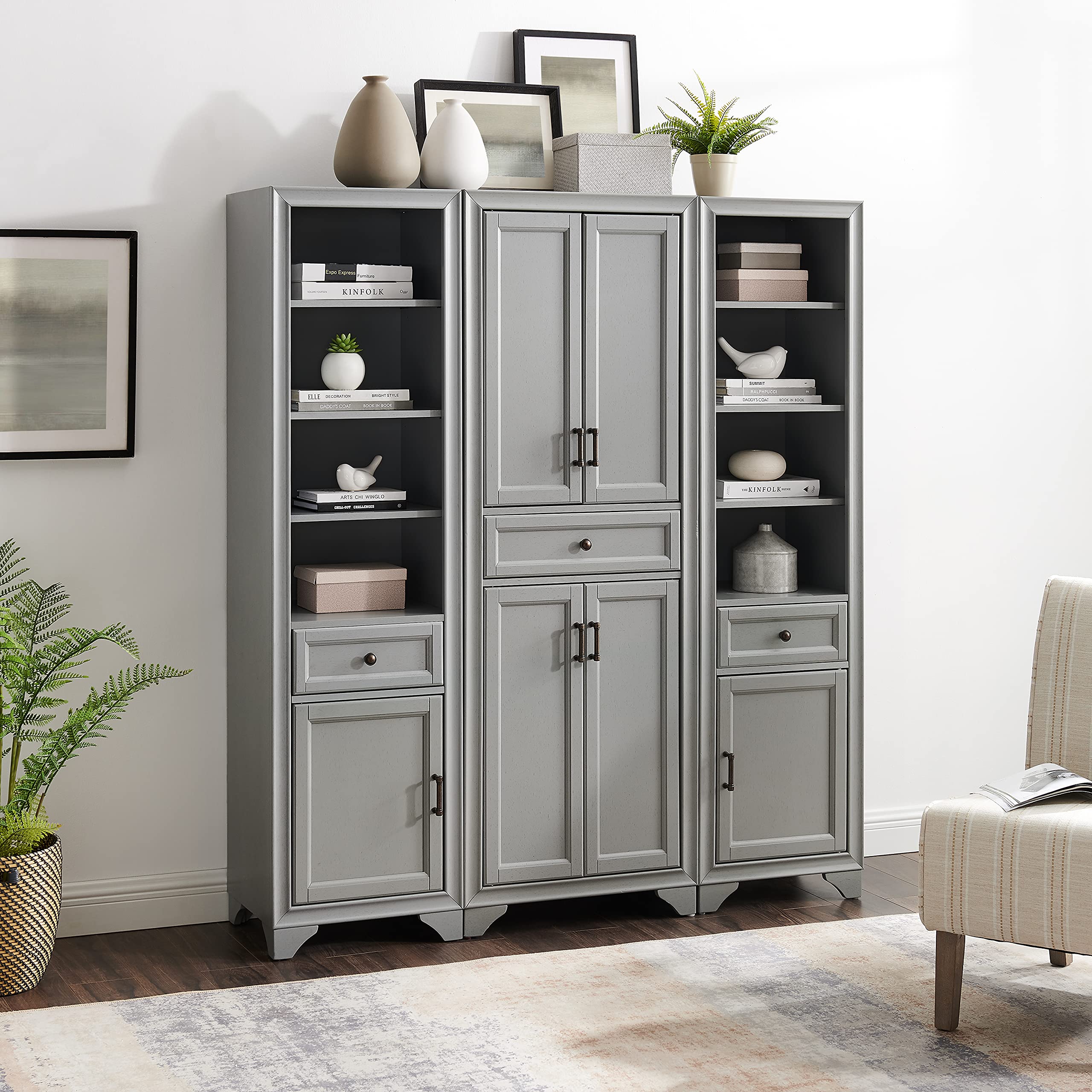 Crosley Furniture Tara 3-Piece Pantry Storage Cabinet Set with Shelves, Kitchen, Dining, or Laundry Room, Distressed Gray - Image 6