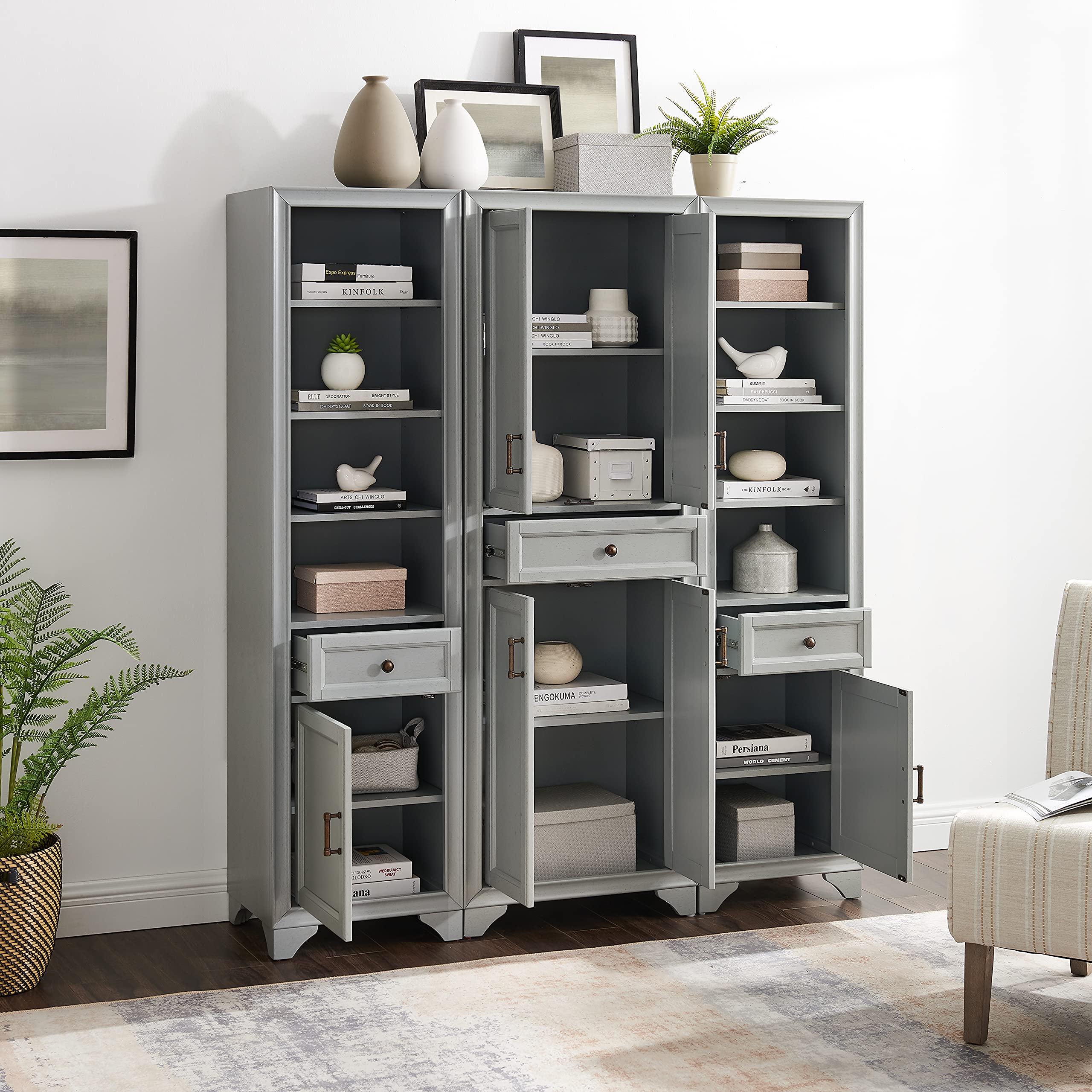 Crosley Furniture Tara 3-Piece Pantry Storage Cabinet Set with Shelves, Kitchen, Dining, or Laundry Room, Distressed Gray - Image 7