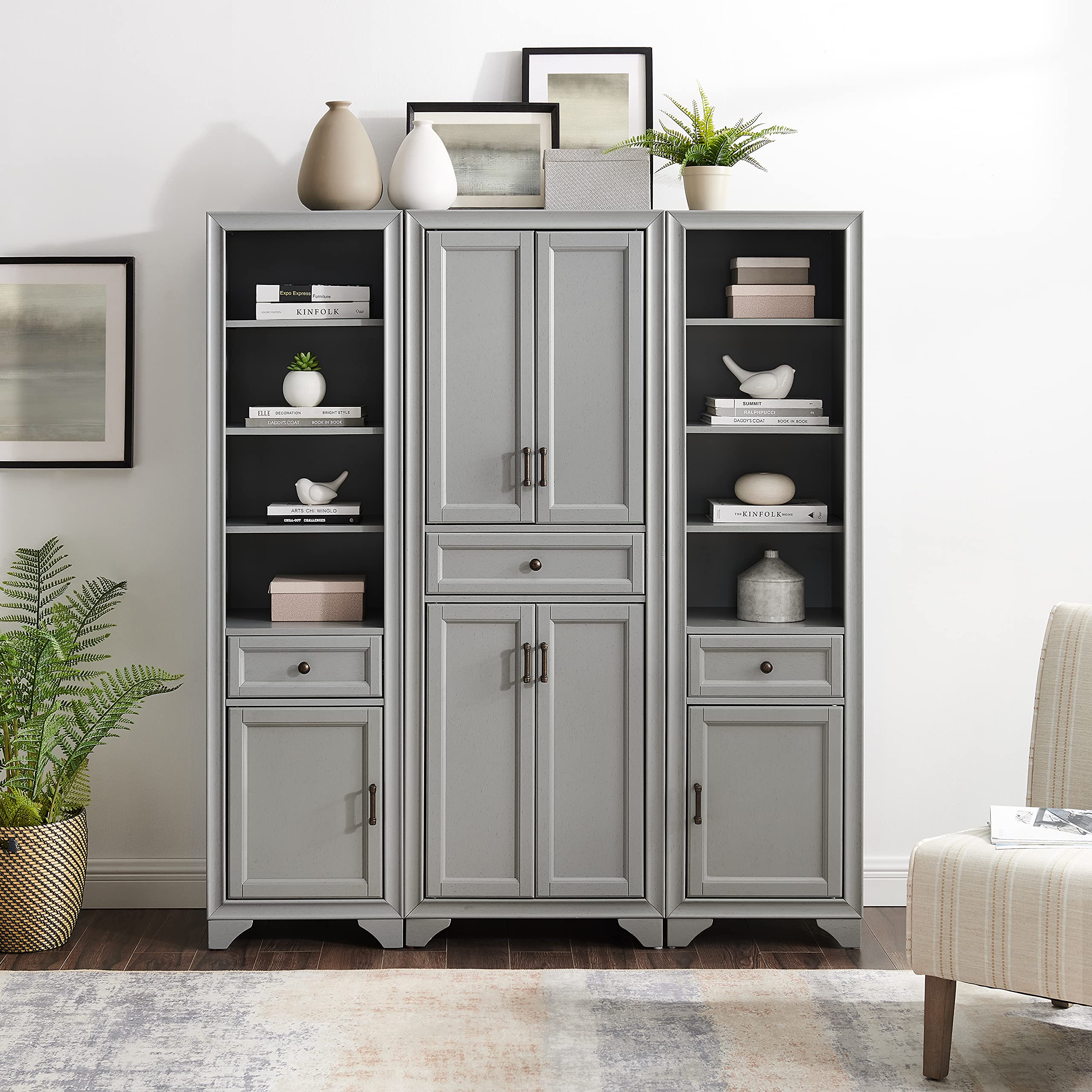 Crosley Furniture Tara 3-Piece Pantry Storage Cabinet Set with Shelves, Kitchen, Dining, or Laundry Room, Distressed Gray - Image 8