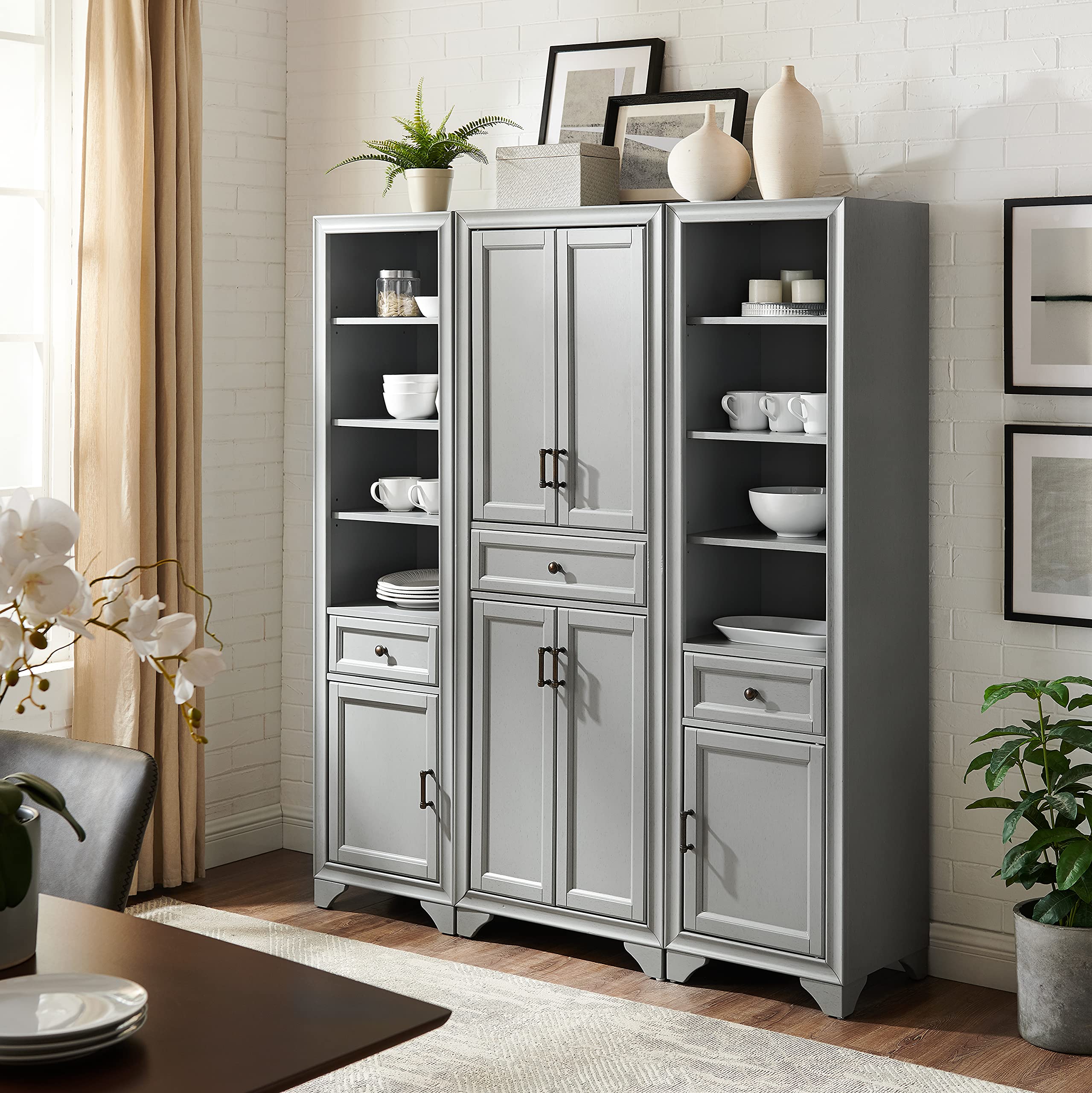 Crosley Furniture Tara 3-Piece Pantry Storage Cabinet Set with Shelves, Kitchen, Dining, or Laundry Room, Distressed Gray - Image 9