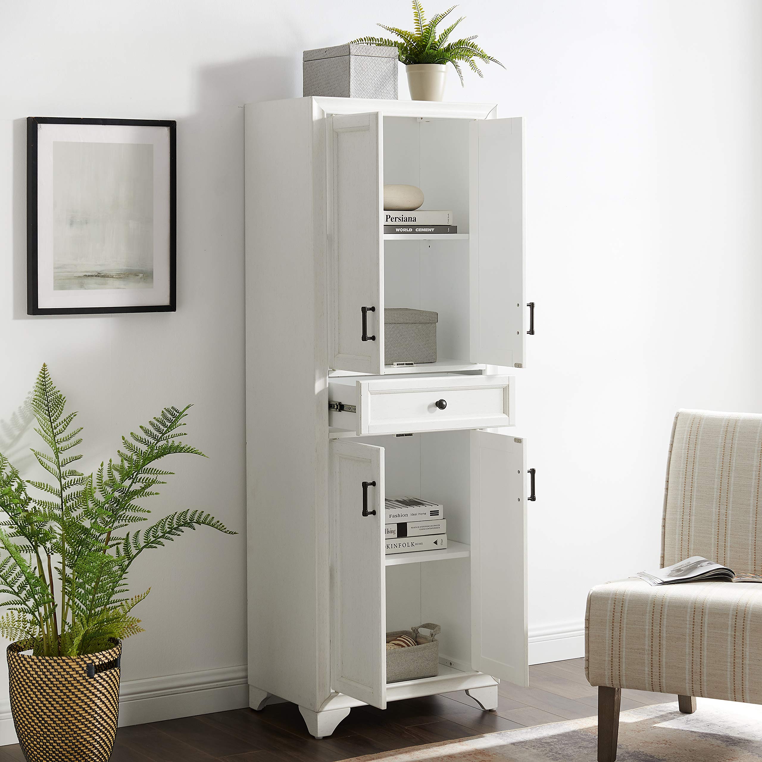 Crosley Furniture Tara Pantry Storage Cabinet with Shelves, Kitchen, Dining, or Laundry Room, Distressed White - Image 10