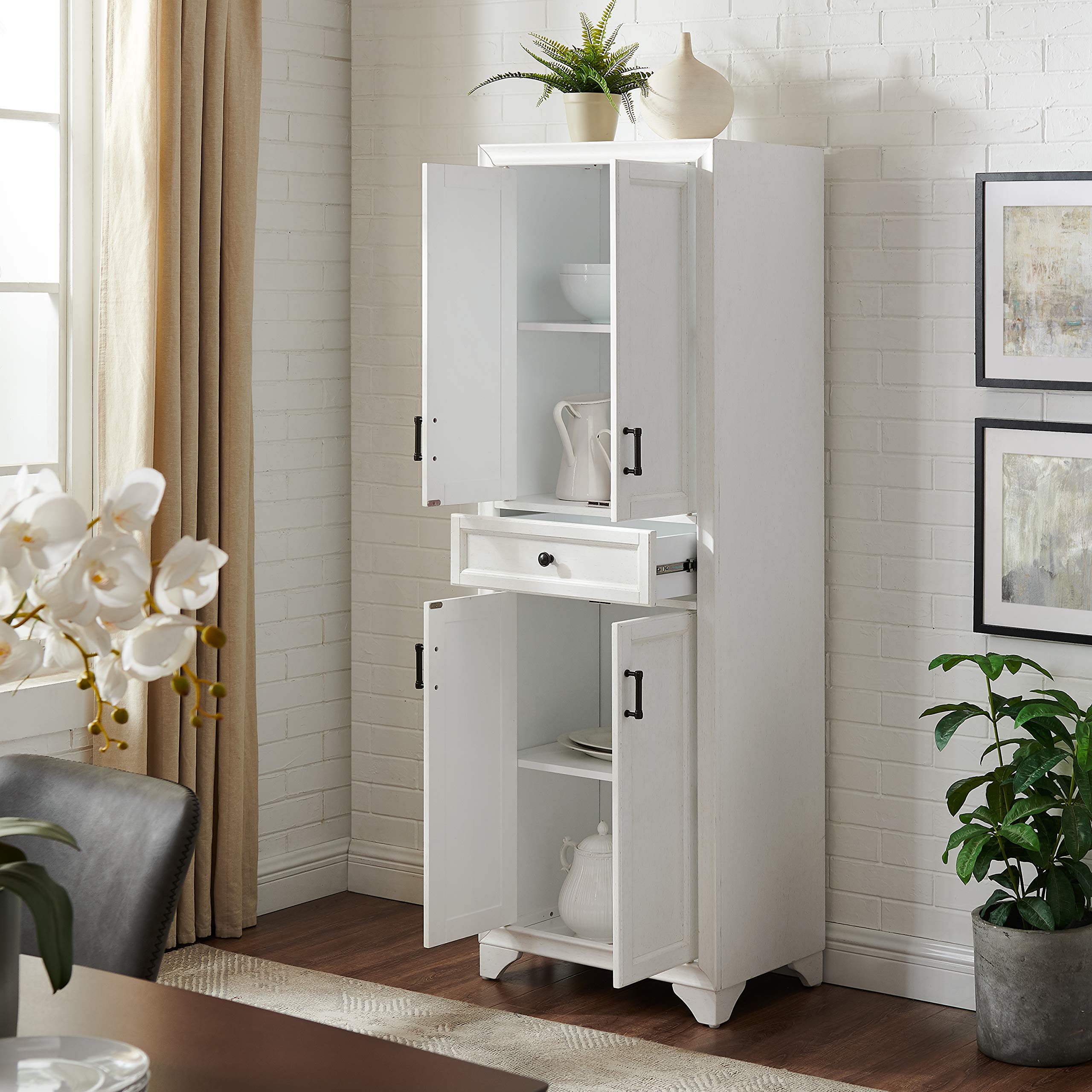 Crosley Furniture Tara Pantry Storage Cabinet with Shelves, Kitchen, Dining, or Laundry Room, Distressed White - Image 13
