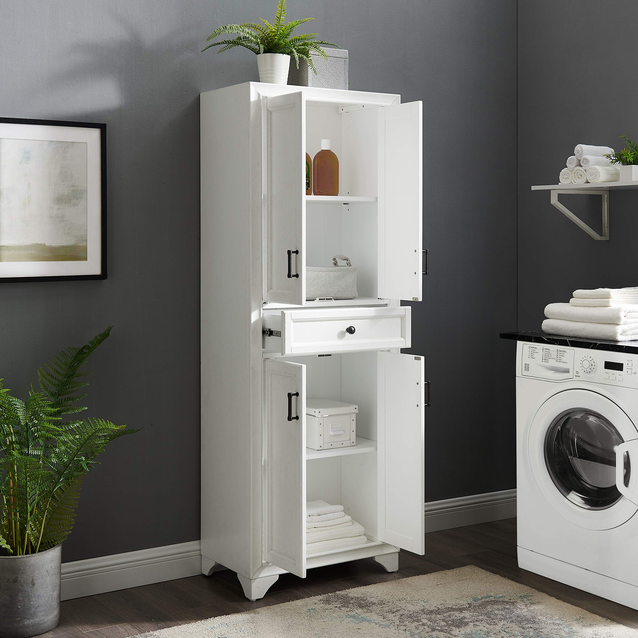 Crosley Furniture Tara Pantry Storage Cabinet with Shelves, Kitchen, Dining, or Laundry Room, Distressed White - Image 16